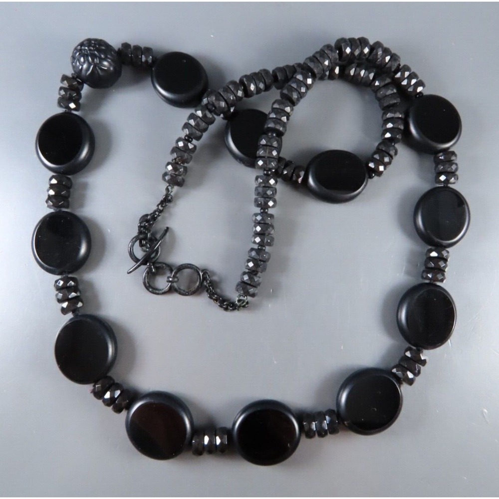 Vintage LIZ CLAIBORNE Black Metal BEADED NECKLACE Glass Ovals CARVED FACETED 33"